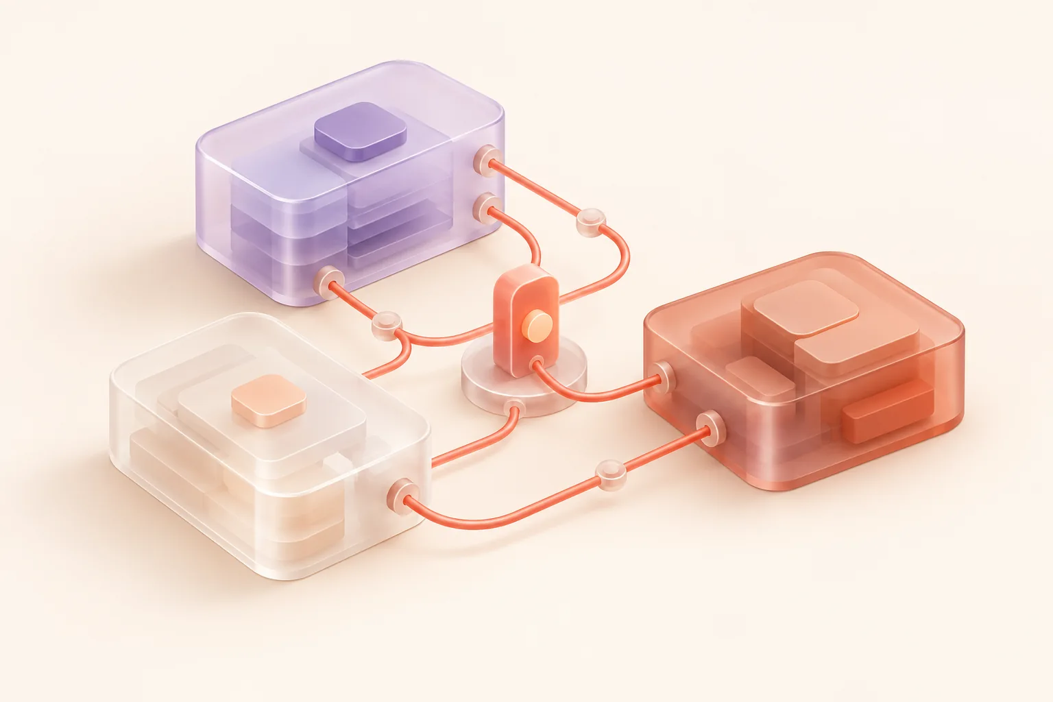 Translucent software modules connected by coral pathways, illustrating coordinated IT systems